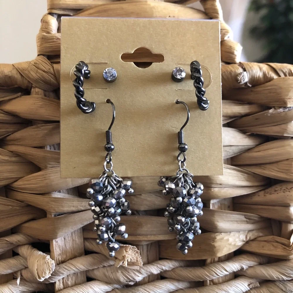 Chrome tone set of 3 pierced earrings